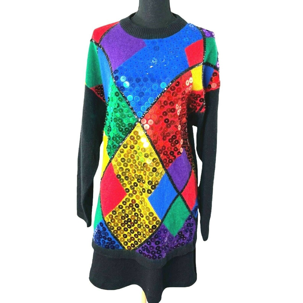 Vintage 80s Cedars Lambswool Angora Sequin Front‎ Geometric Sweater Hong Kong Sm